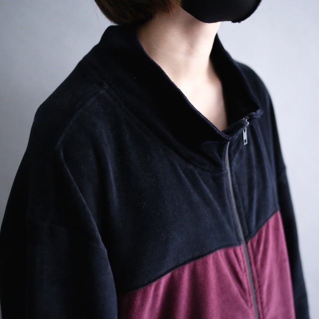 "KINGSIZE" bi-color switching design pile fabric XXXL super over size zip-up blouson