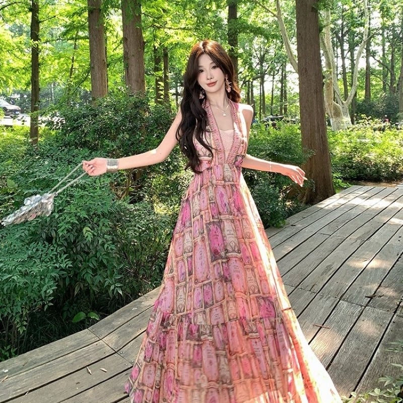 レディース ロングワンピース ノースリーブ リゾートワンピース