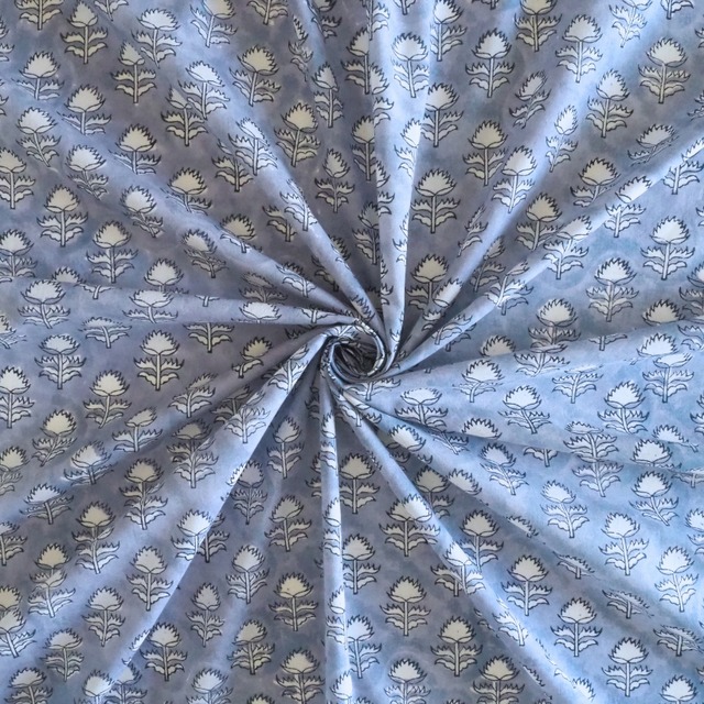 ブロックプリント生地【50cm単位】インド綿  小花柄 くすみブルー×白 #58810-BL1