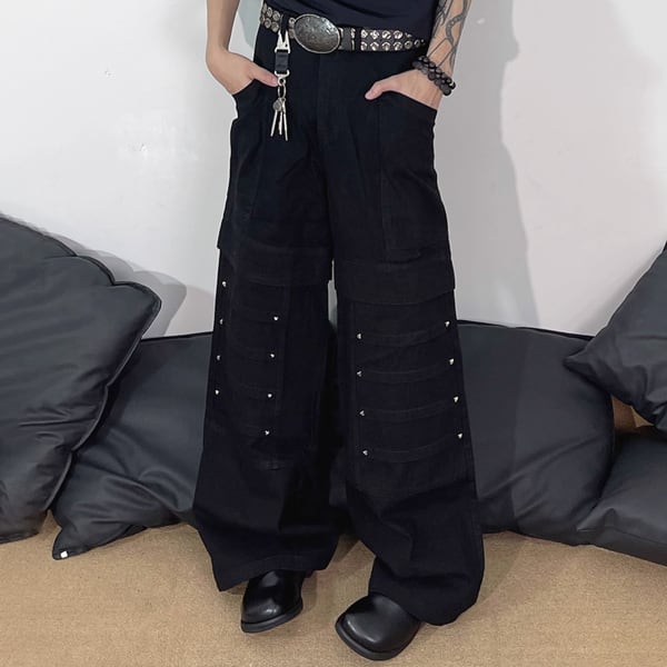 フロントリベットデザインブラックワイドパンツ(ruf_02312)