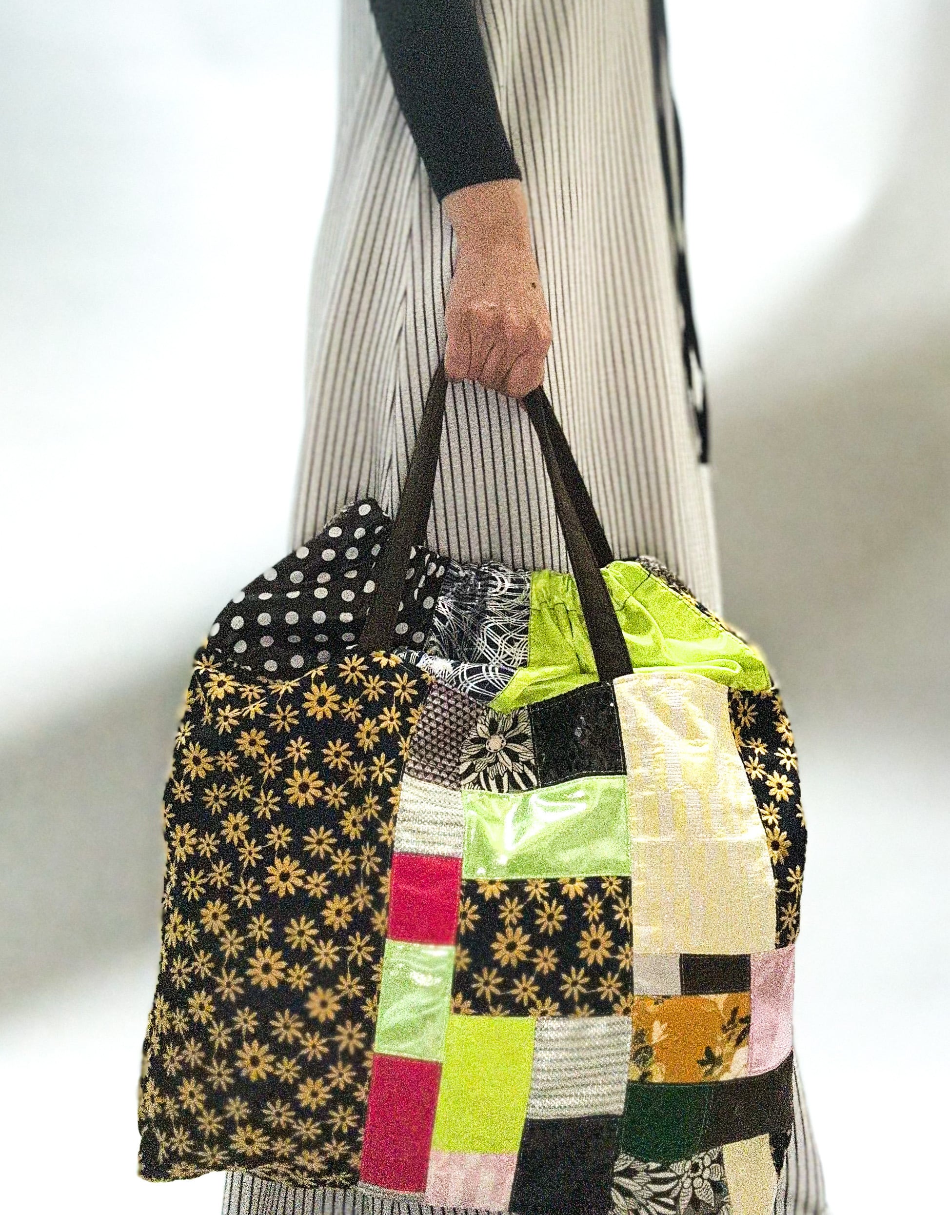 パッチワークエコバッグ③ L #キイロ×ネイビーミックス | a Linden