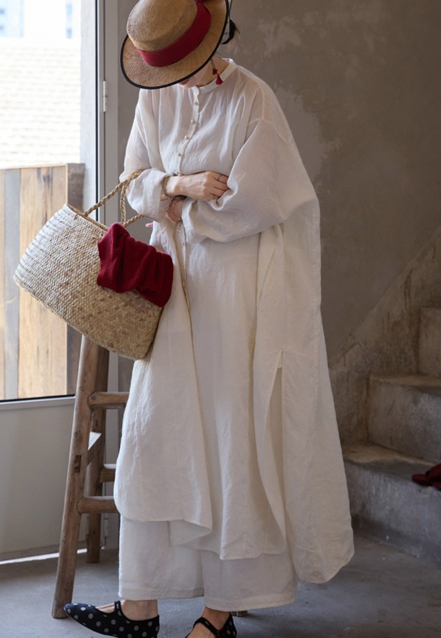 リネンライクロングシャツワンピース
