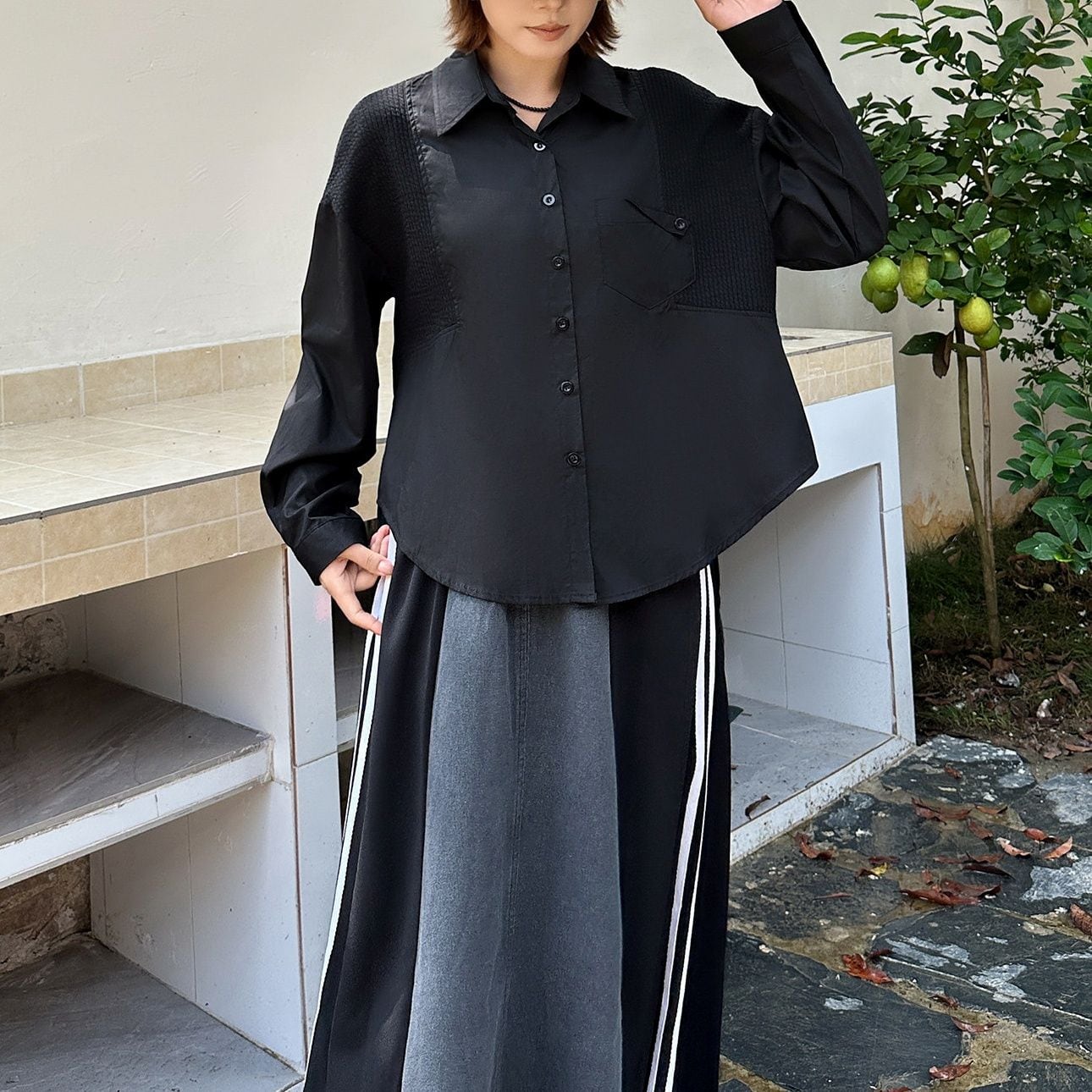CONTRAST PANEL RELAXED LONG SLEEVE POLO SHIRT M-18482