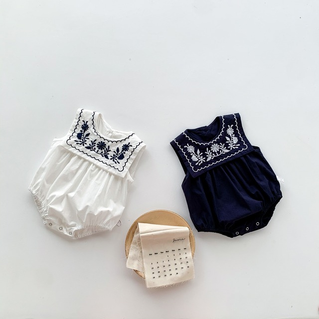 【BABY】フラワー刺繍セーラーカラーノースリーブロンパース - 13