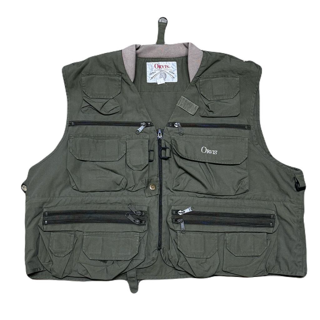 80s~ ORVIS オービス USA製 オリーブ ナイロン フィッシングベスト 80s ORVIS オービス フィッシングベスト 刺繍ロゴ オリーブ XLサイズ