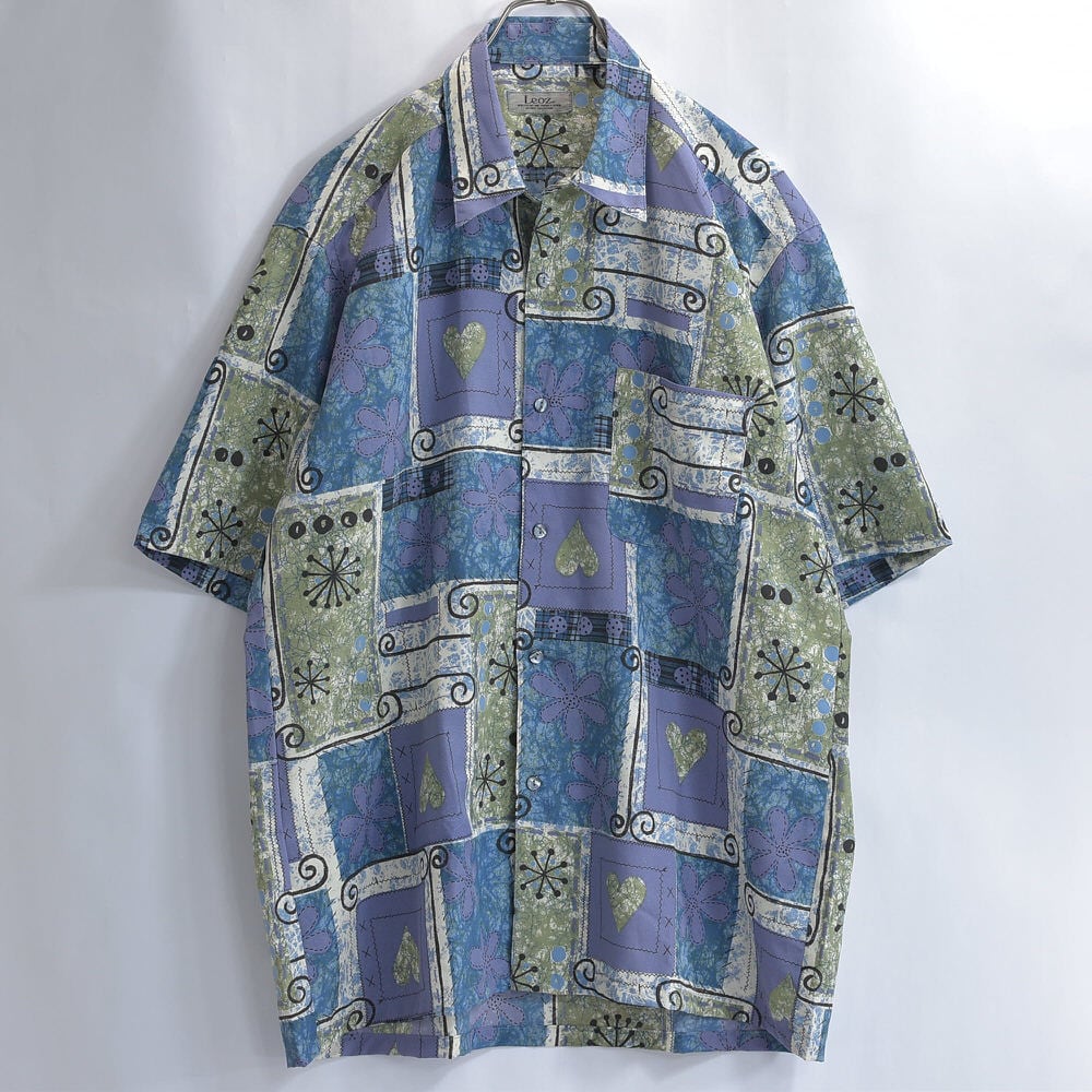 USED 古着 90s パステル半袖シャツ 80～90s 日本製 Leoz パッチワーク風 プリント 総柄 ポリエステル