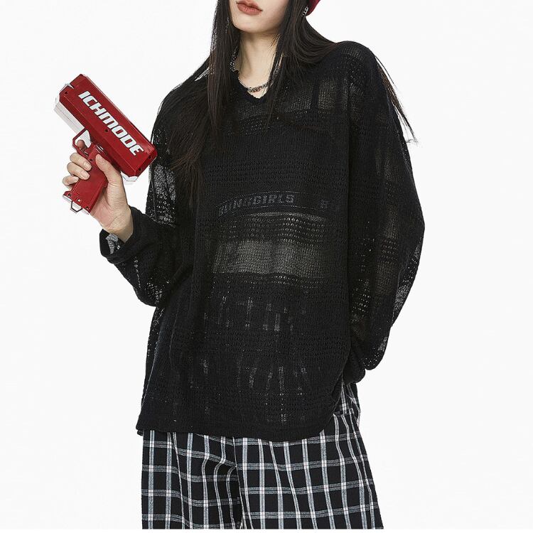 アメリカンカジュアル風メッシュ透かし編み長袖Tシャツ ◆3col R30125