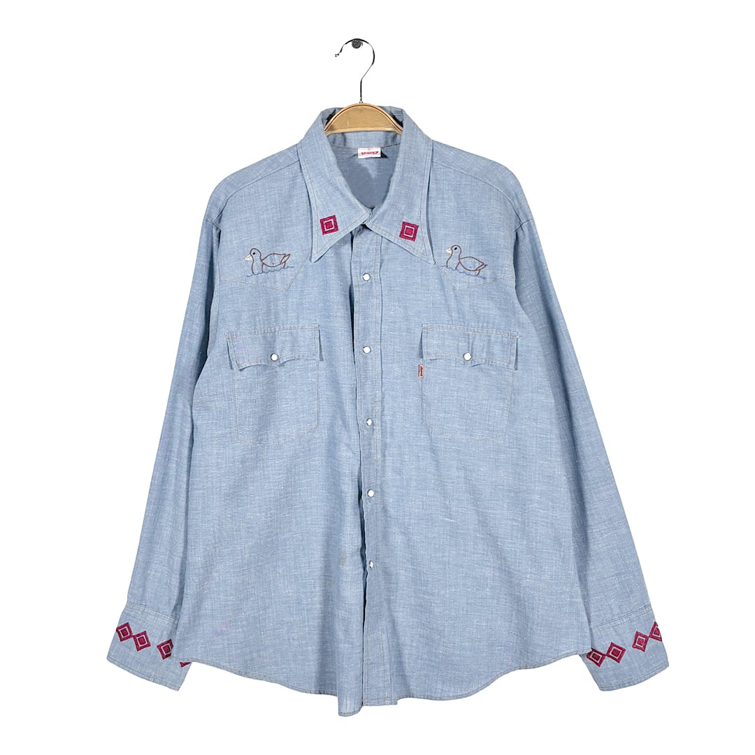 70s リーバイス 白鳥 刺繍 ヴィンテージ シャンブレーシャツ 長袖シャツ Levis オレンジタブ サイズXL CA1568