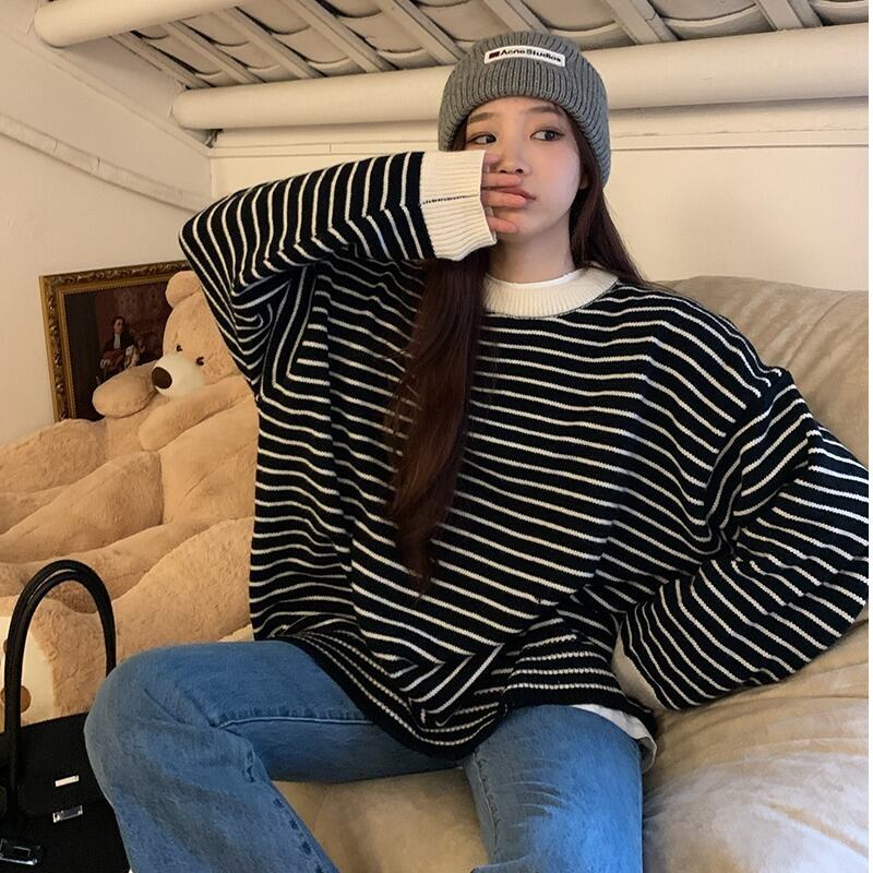 セーター オータムウィンターストライプスタイルニットトップス ロング 秋物 冬物 1号婦人24627106464