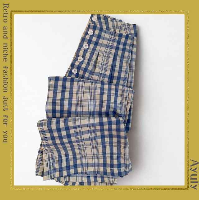 レトロチェックワイドレッグカジュアルパンツ　25553