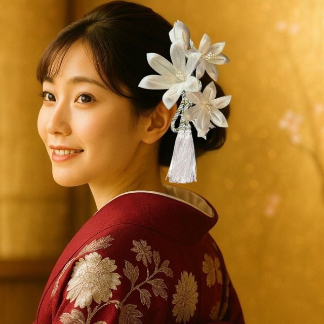 華結び ― 白百合と椿 －白彩｜白の光に咲く、凛とした美を纏う つまみ細工髪飾りセット 成人式・卒業式・結婚式に（S056） 画像