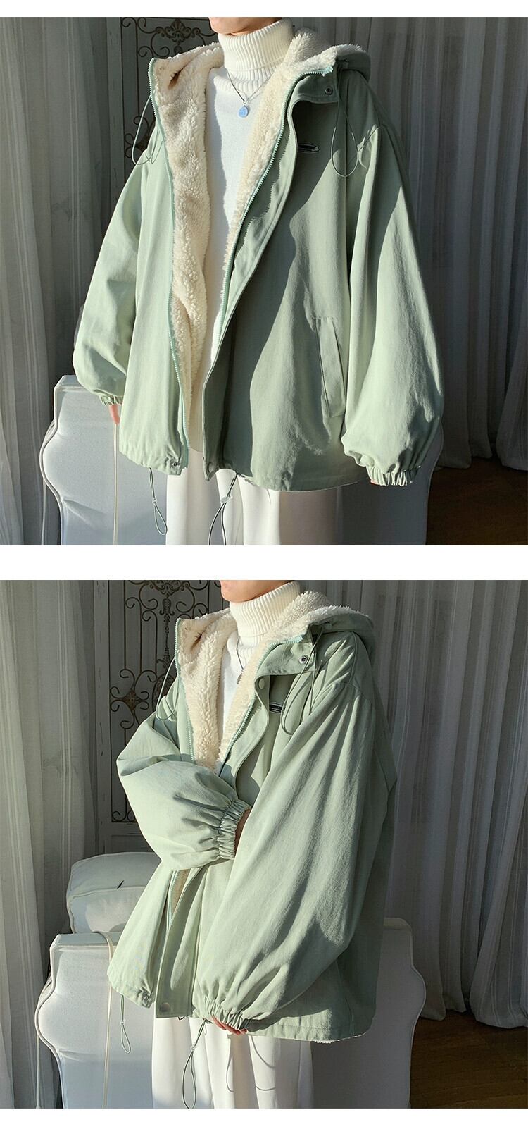 送料無料】 ミントグリーンのジャケットの女性の秋と冬フード付き
