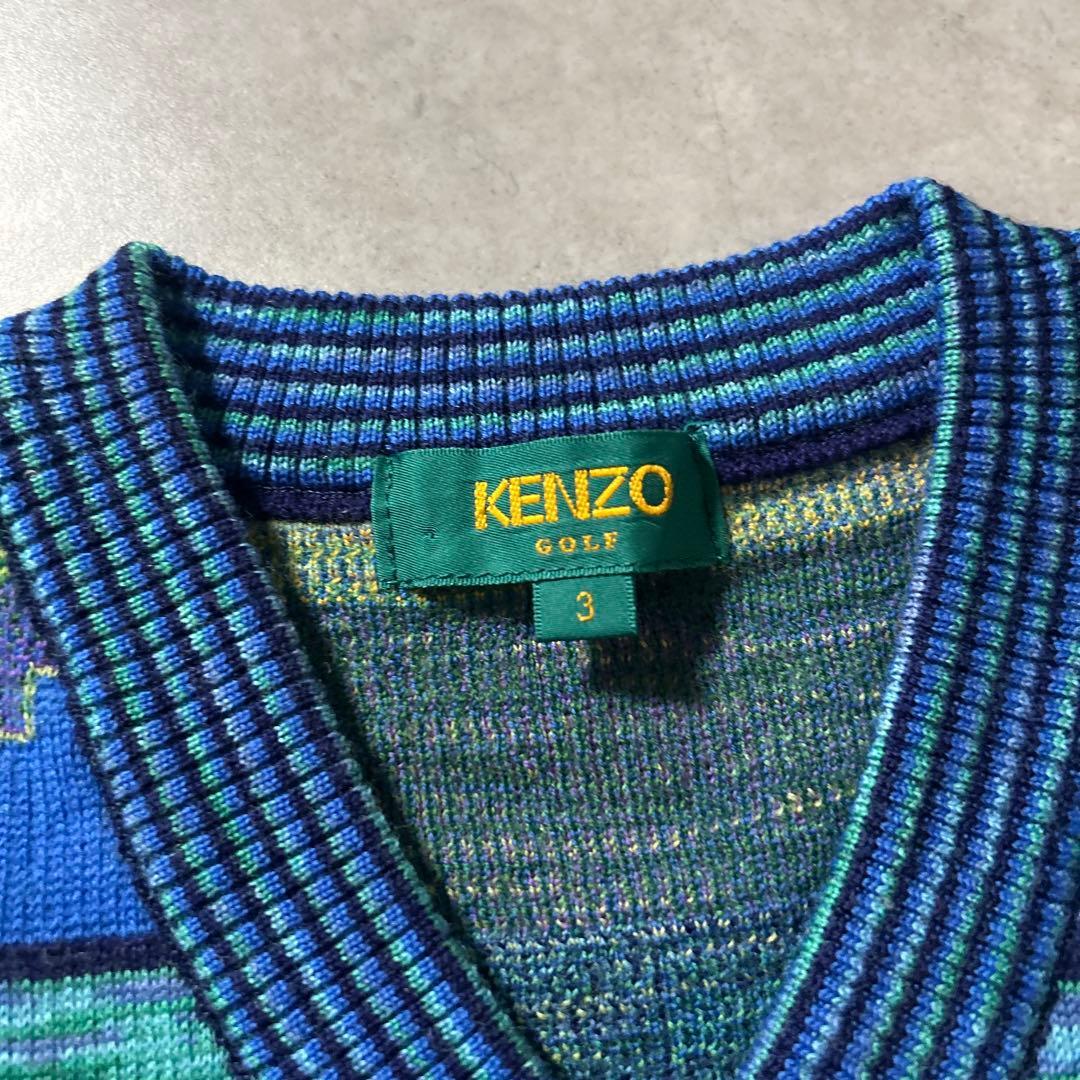 KENZO ワンポイントロゴ 幾何学 ブルー レトロ Vネック ニット ベスト