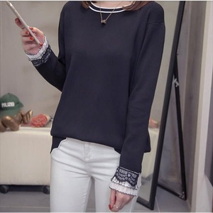 【送料無料】 Tシャツ 無地 バイカラー カジュアル系 大人可愛い コンサバ系 こなれかん シンプルデザイン ラウンドネック 長袖 レース装飾 バイカラーデザイン 春 30代 40代 お出かけ 女子会 デイリーユース お茶会 お呼ばれ レディースファッション 可愛い