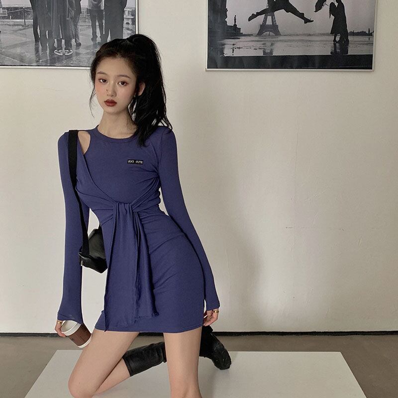 センスオフショルダー長袖ドレス女性の2020年秋新しいタイトフィットインナーベースショートスカートブラックスカート ブラックストロベリース416254885