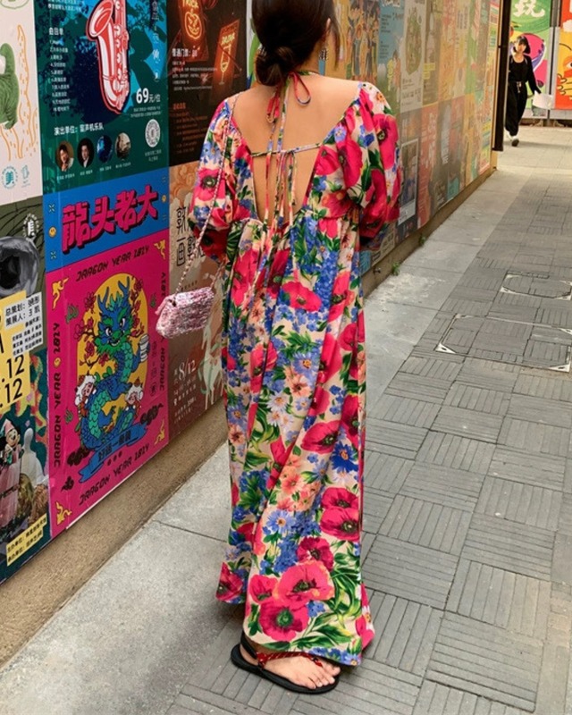 floral print v-neck maxi dress　P0030
