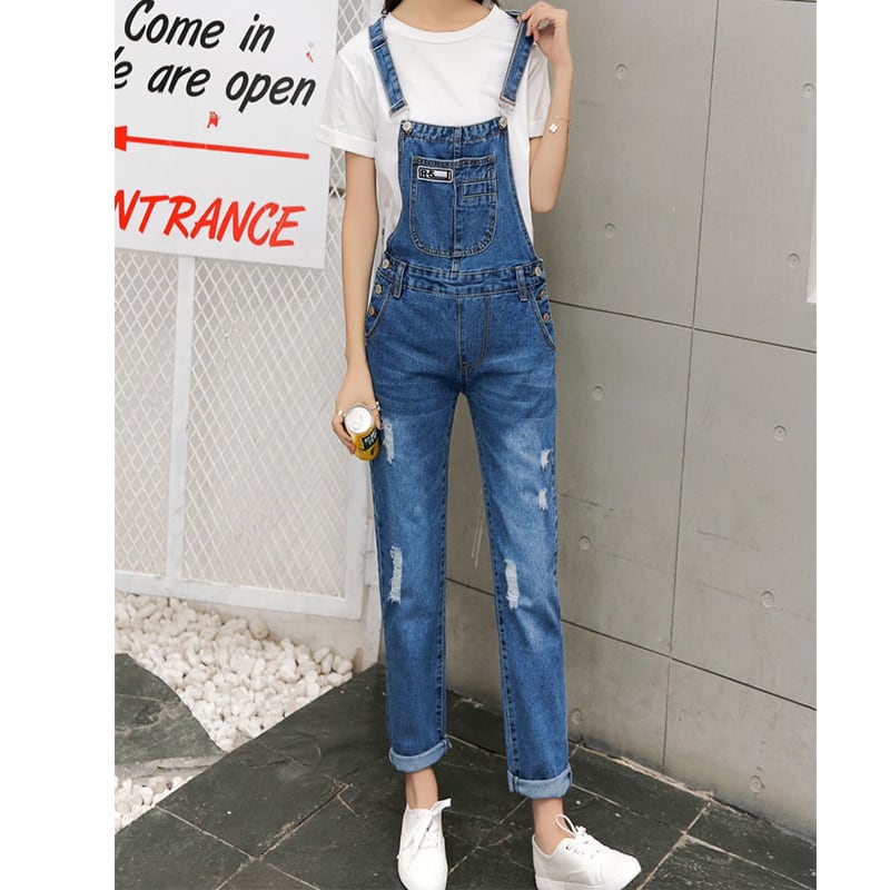オーバーオール デニム サロペット ロングパンツ ダメージ加工