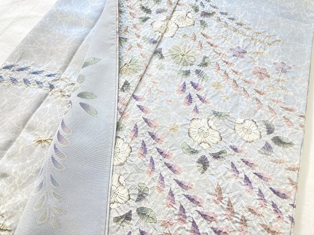 伯河貞雄 辻が花 絞り 銀通し 落款 訪問着 辻ヶ花 袷 正絹 水色 紫 白