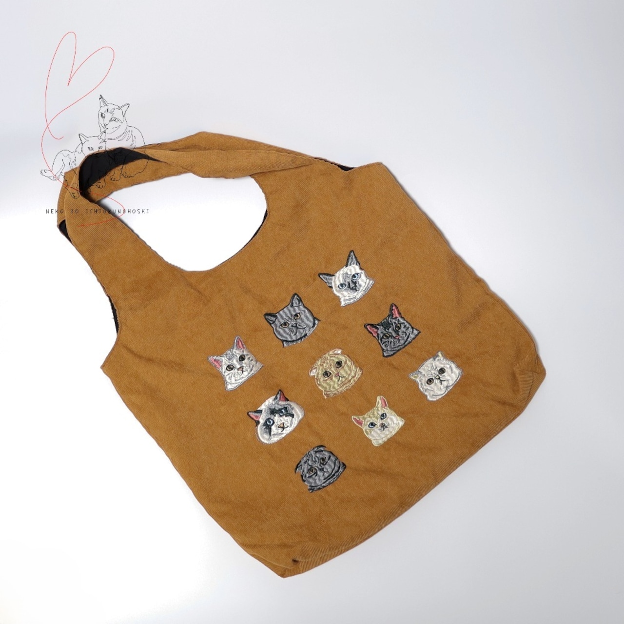 Jubilee 猫デザイン刺繡コーデュロイトートバッグ ブラウン