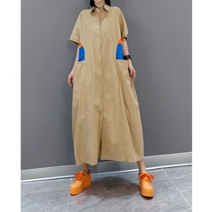 DESIGN POCKET HALF SLEEVES LONG SHIRT DRESS 2colors M-4952