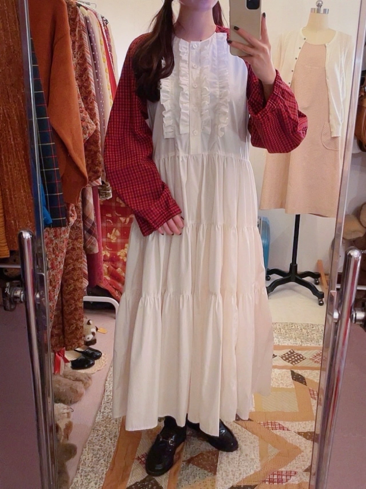 original / white × red check raglan sleeve one-piece