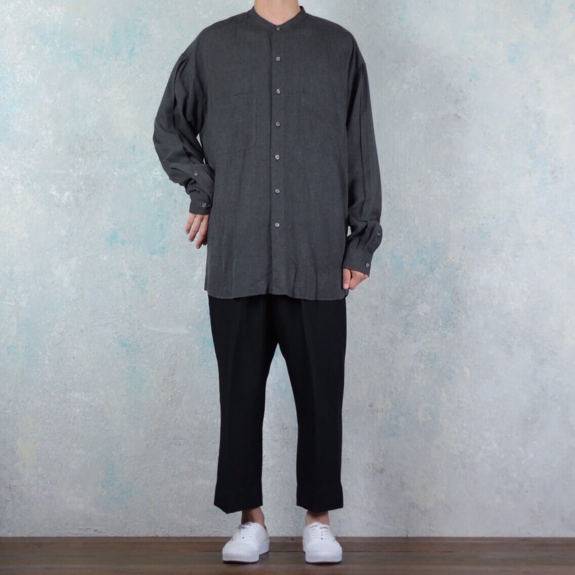 PERRY ELLIS レーヨン100% バンドカラーシャツ Made in USA 【FF-2859
