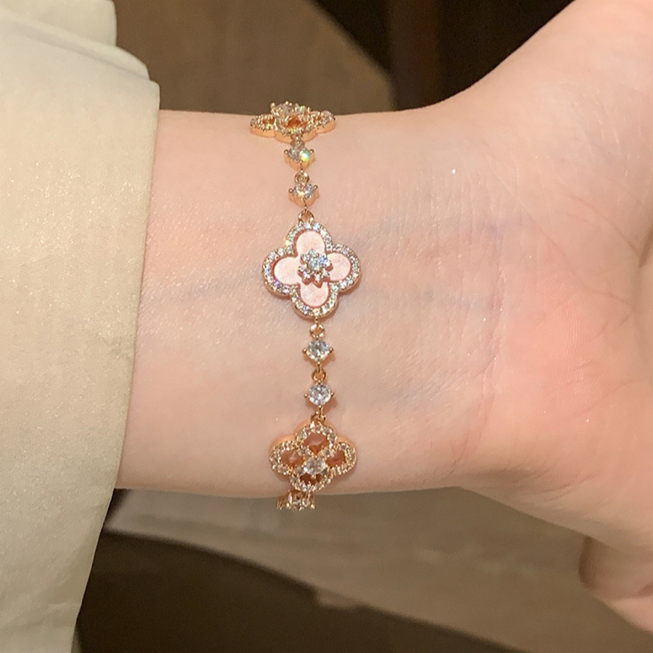 おしゃれ ピンク キラキラ 四葉 クローバー ブレスレット - 5