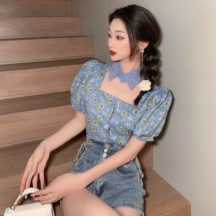 カラースタンダードプリント柄薄手スリーブトップス ハイウェストウェストショーツ レトロ ブルマー ドラファッションホール60266969364