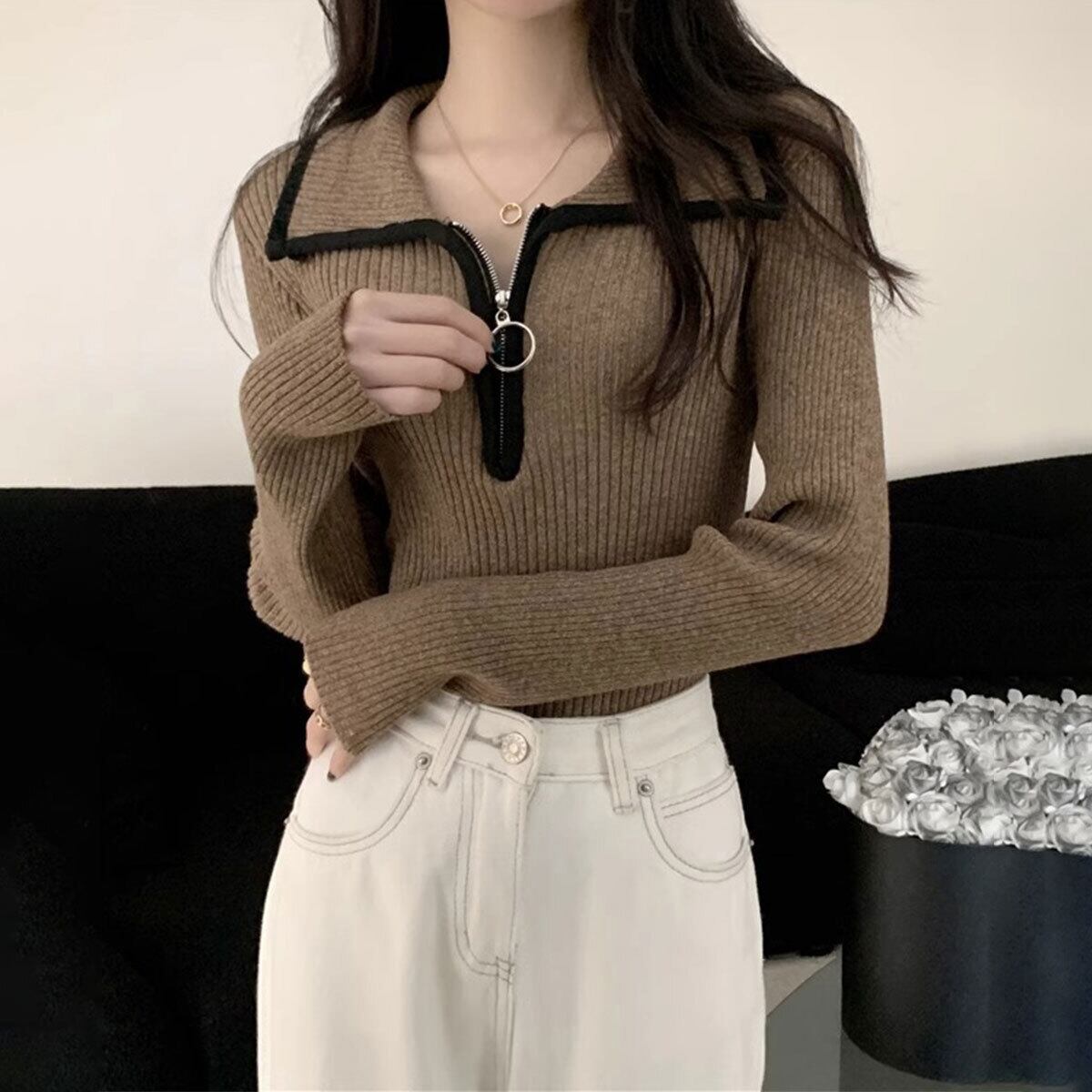 ファスナー付き ニット セーター 長袖 レディース 秋冬 韓国 おしゃれ 大人 カジュアル ハーフジップ リブニット きれいめ トップス インナー 大人可愛い 大人女子