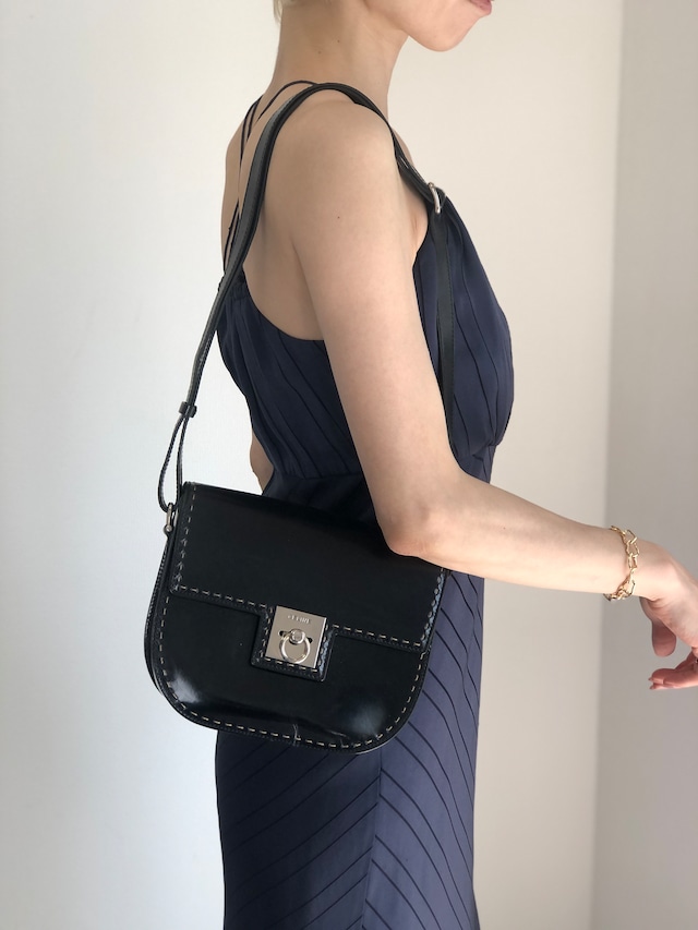 CELINE セリーヌ ショルダーバッグ ブラック シルバー ガンチーニ レザー vintage ヴィンテージ オールド ni2xww