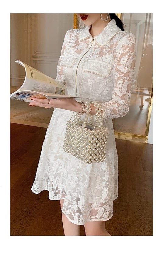 ホワイト ワンピース レース 長袖 ジャケット 0916 パール ドレス