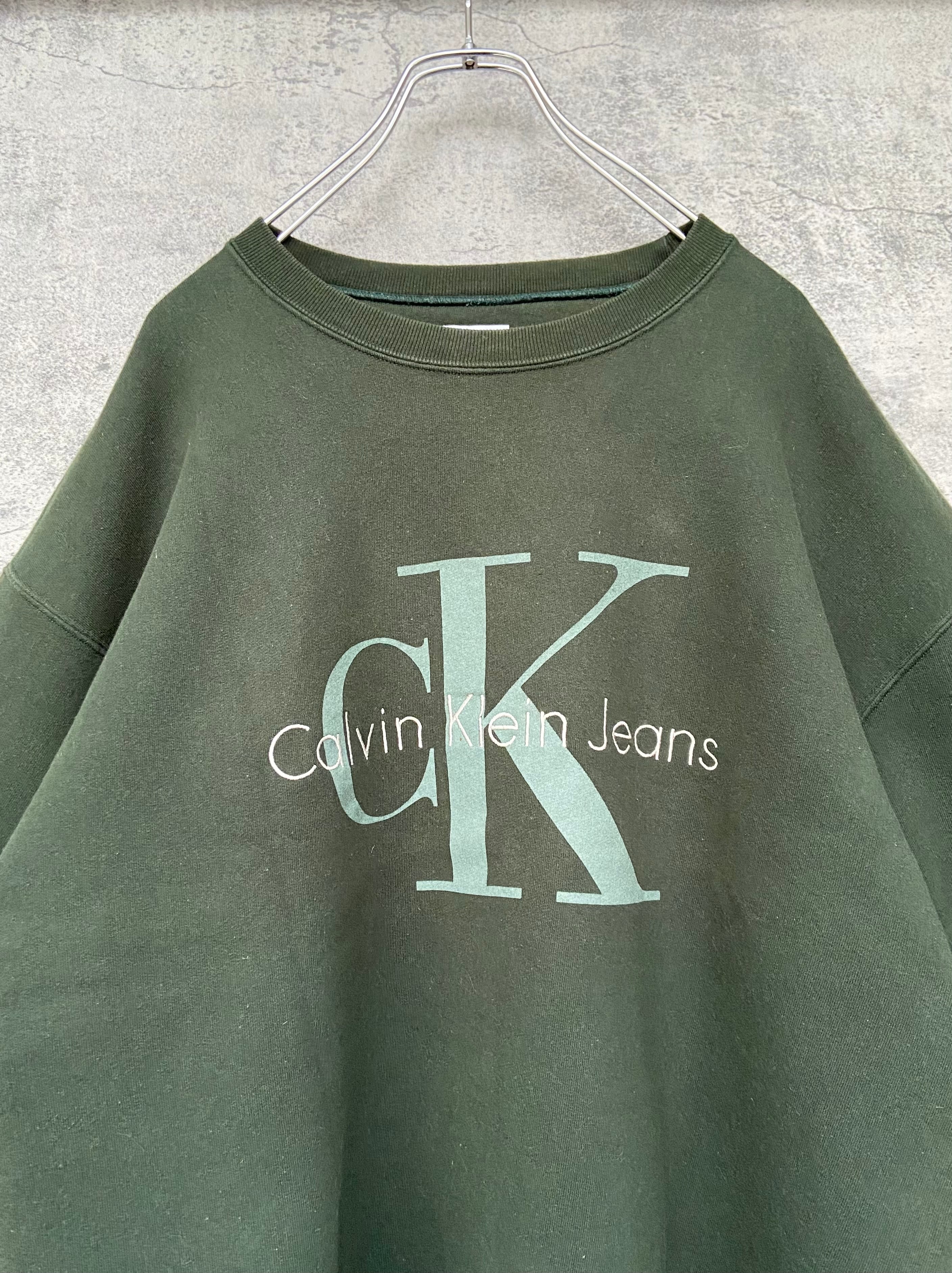 カナダ製 Calvin Klein カルバンクライン 深緑 刺繍スウェット デカロゴ オーバーサイズ