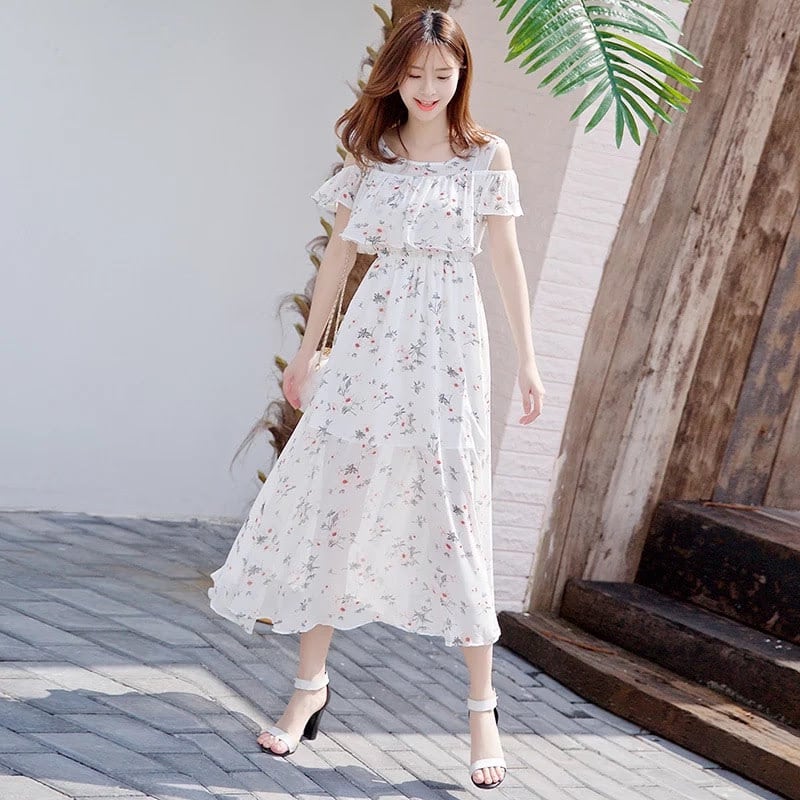 オープンショルダー花柄シフォンマキシワンピース 全3色 L0006 | LILIANA
