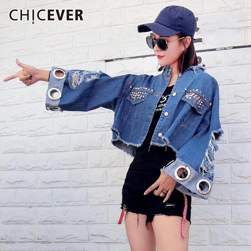 CHICEVERホールデニムショートジャケット女性スタンドカラー長袖ルーズリベットジャケット服 ロング 6base543243833992