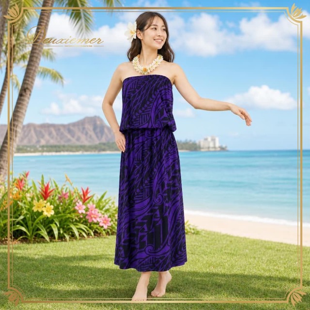 フラダンス 衣装 LANAIKULANI ワンピース ドレス パープル系 ブラック系 ツートンカラー チューブトップ スリット 上品 きれい 高級感 エレガント 大人っぽい かわいい 華やか 鮮やか 明るい ハワイアン アロハ ハワイアンプリント ダンス 練習