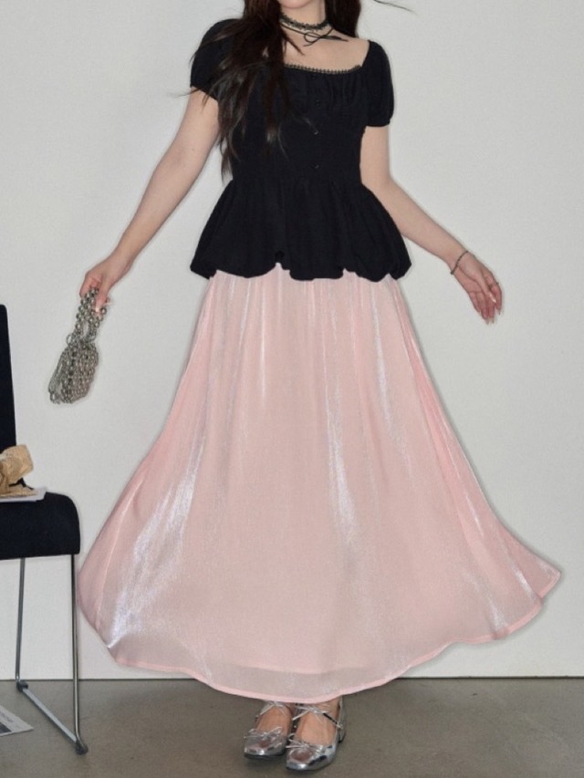 ゆらめく光沢が大人っぽ ピンクロングスカート 大人可愛い フェミニン ガーリー お出かけ デート パステルカラー  体型カバー 大きいサイズ 韓国 CH10759