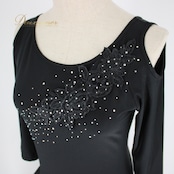 社交ダンス 衣装 スタンダード ドレス ワンピース レッスンウェア パーティ衣装 Leirena レイリーナ ラインストーン 黒 ブラック系 上品 ショートスリーブ 春夏 おしゃれ かわいい フェミニン イベント用 高級感 ストレッチ レディース ダンスウェア ボディライン 美シルエット 着回し 自宅練習 発表会 コスチューム ラインストーン装飾 豪華 体型カバー ブラックワンピース