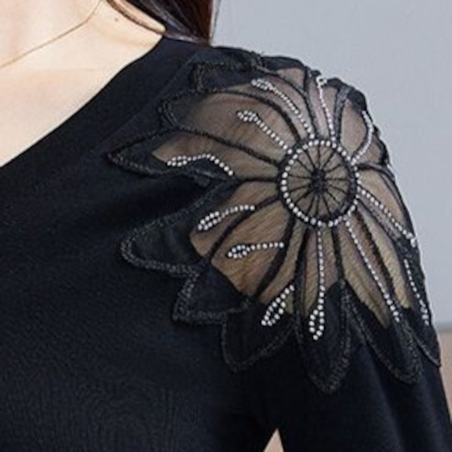 フラワーモチーフ ロングスリーブ Vネック カットソー ds1077