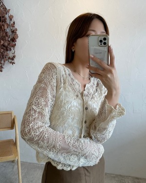 mesh embroidery cardigan Ivory