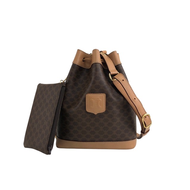 CELINE セリーヌ マカダム ショルダーバッグ ブラウン ブラゾン型押し PVC レザー 巾着 ミニバッグ vintage ヴィンテージ オールド xfu8ij