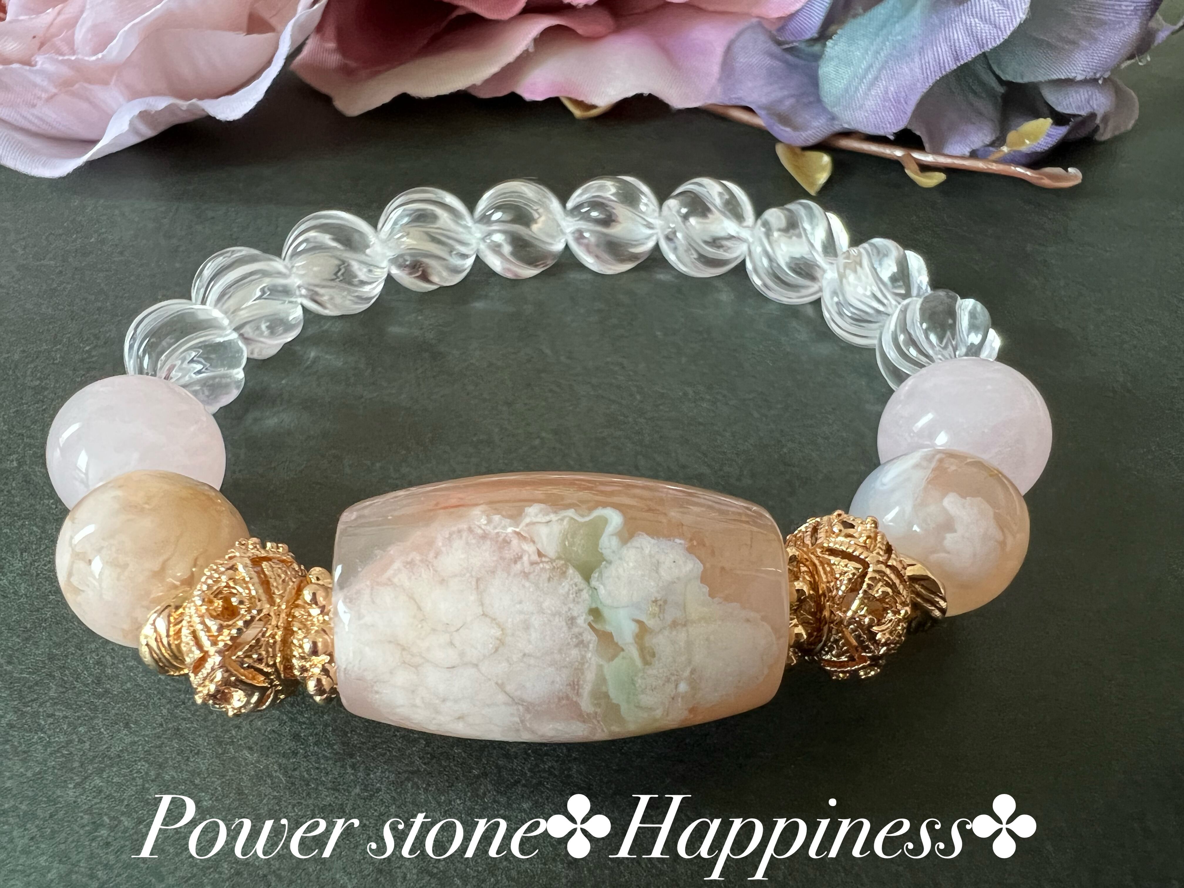 【桜瑪瑙・水晶・ローズクォーツ】天然石 パワーストーンブレスレッド