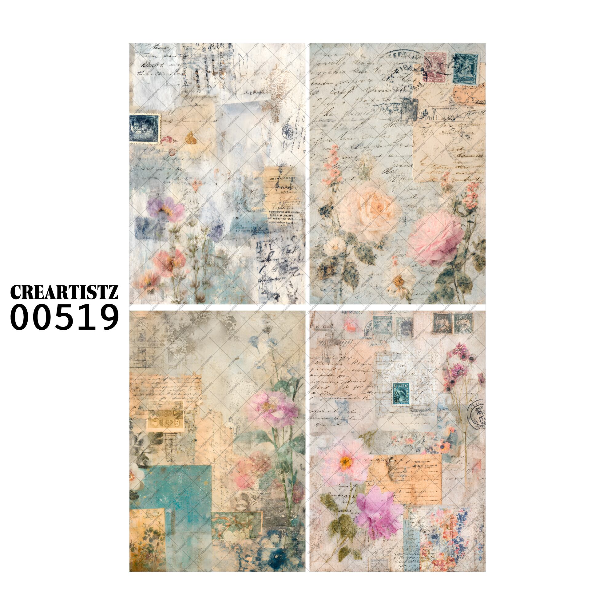 00519 背景 コラージュ素材 オリジナル 12枚セット (4種類×3枚) ペーパー/ステッカー CREARTISTZ