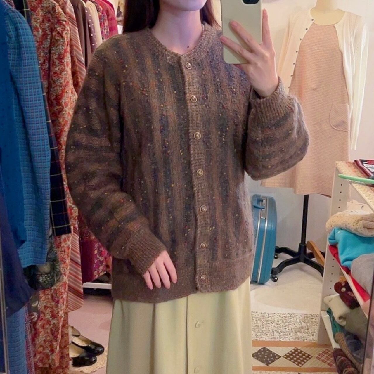 brown fancy yarn knit cardigan