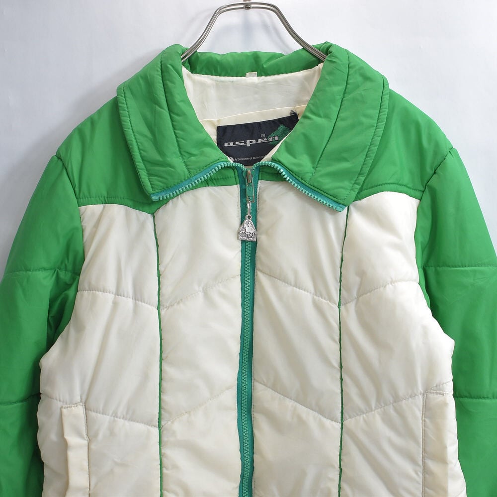 70s aspen バイカラー キルティングナイロン パデットスキージャケット ヴィンテージ アウター スタンドネック 中綿入り ビンテージ グリーン 古着 レディースMサイズ