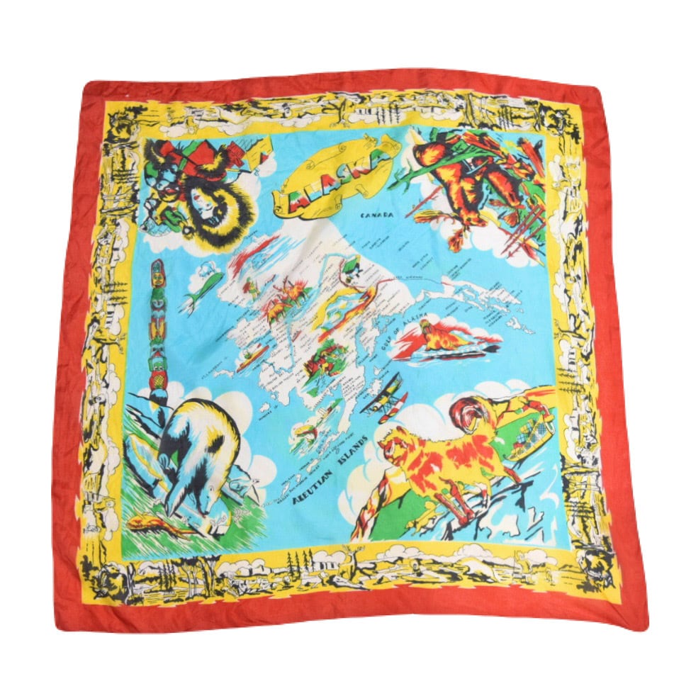 USED 40-50s ”ALASKA" Vintage souvenir scarf -03061