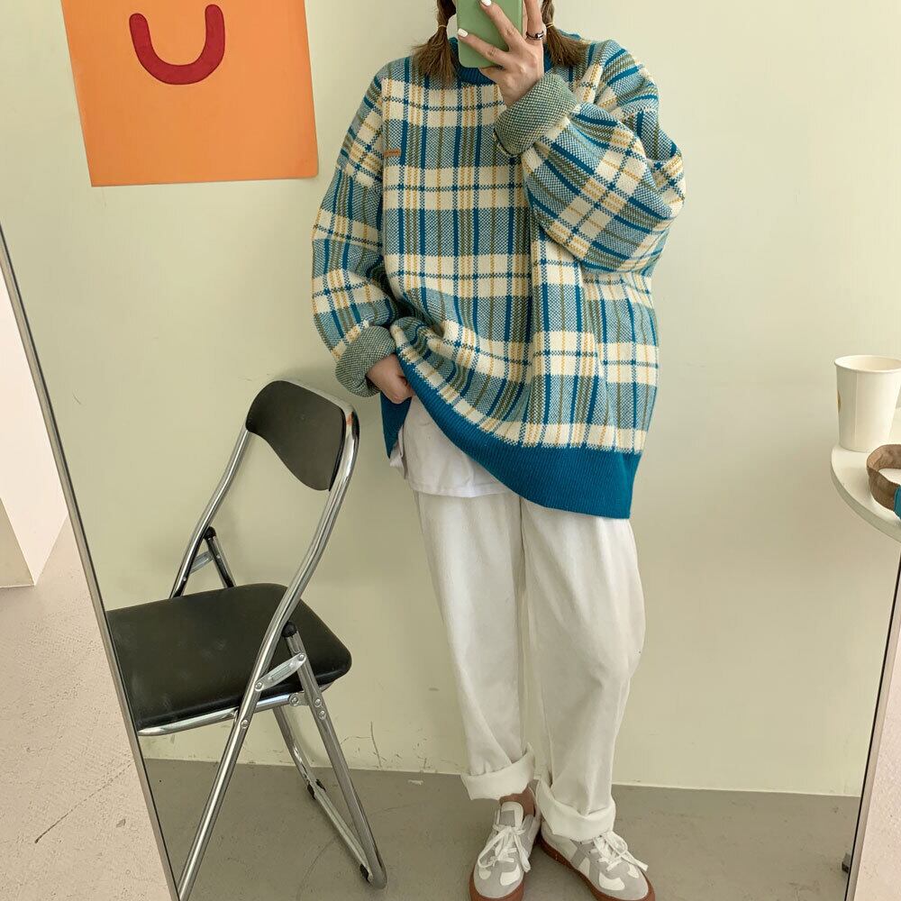 シックな暖かい格子縞のセーターのバージョン2020年初秋新しいルーズミドル丈デザインコントラストセーター クレセントシティ39803587245