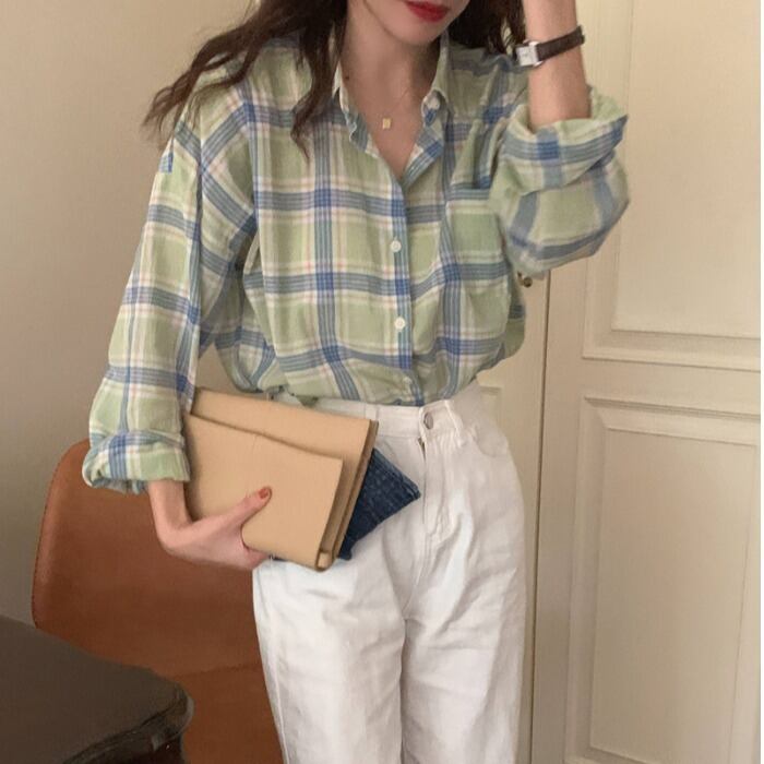 グリーン格子柄シャツ スプリングジャケット ロング 春物 モンロー93295409669