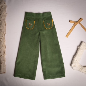 Birinit / Olive corduroy embroidered / bell bottom pants