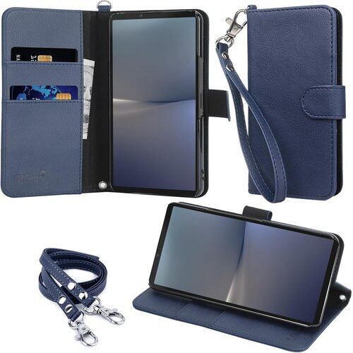 wisers Xperia 10 V SO-52D SOG11 XQ-DC44 対応 手帳型スマホケース ダークブルー 牛革PUレザー カードホルダー/スタンド機能付 ストラップ 2種付き ハンドストラップ/ネックストラップ カード収納 2033
