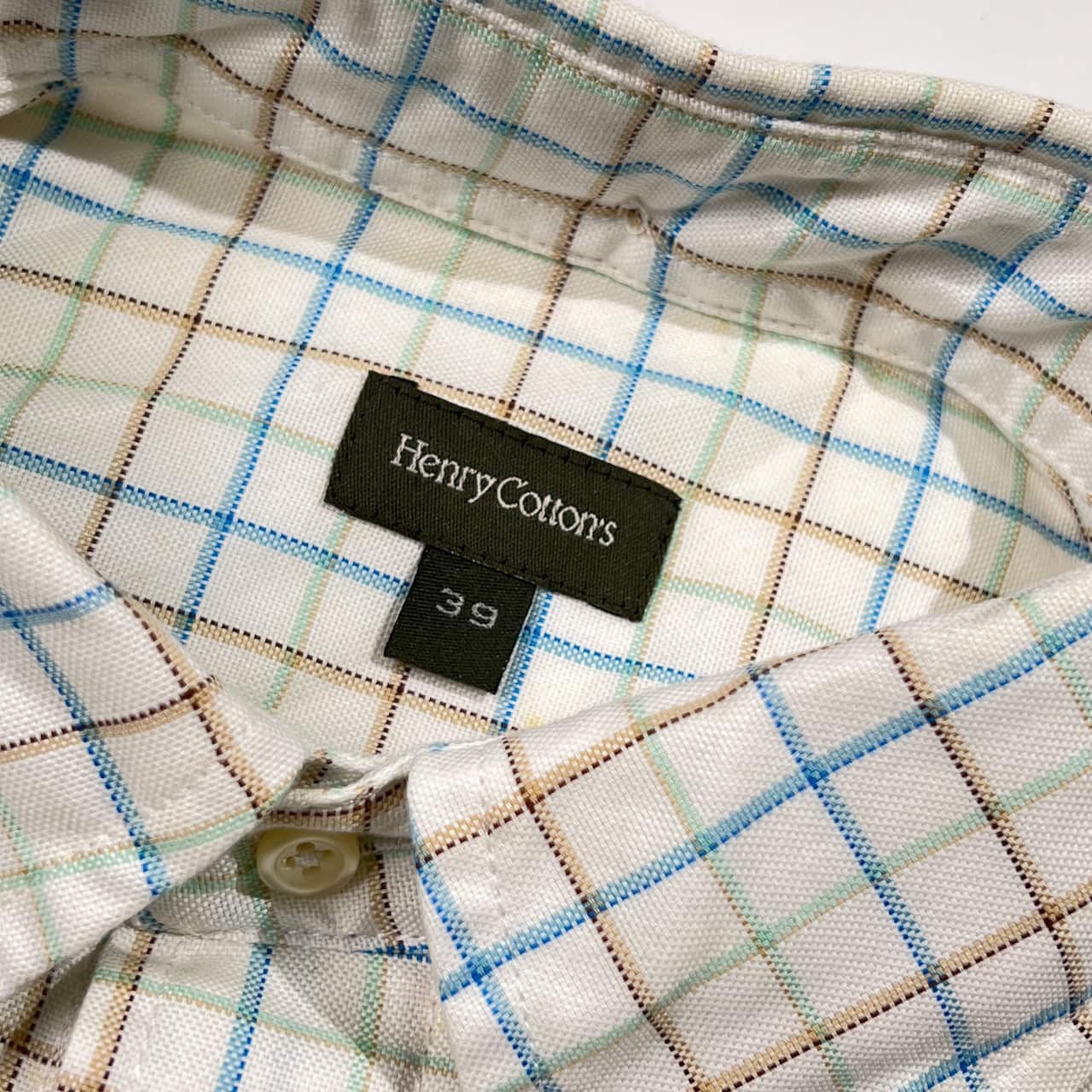 新品 タグ付き Henry Cotton's ヘンリーコットンズ チェック柄 BD ボタンダウン 長袖シャツ 39/ホワイト系 メンズ ブルガリア製